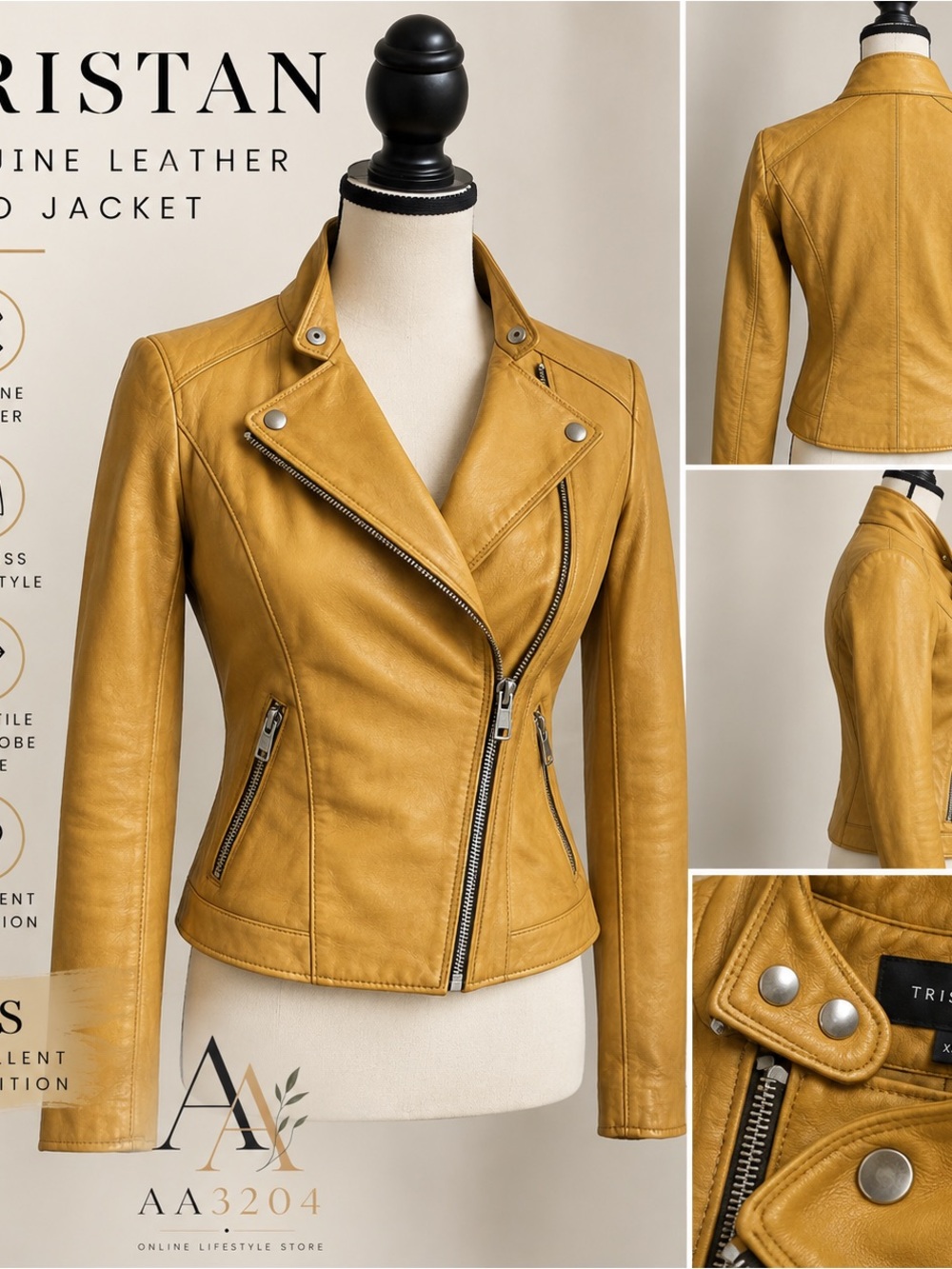 TRISTAN Genuine Leather Moto Jacket | Mustard Yellow | XS